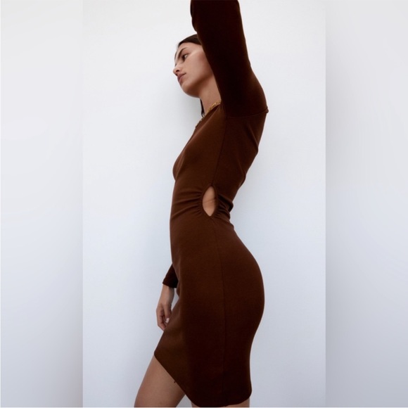 Zara CUT OUT RIBBED CHOCOLATE BROWN DRESS - Picture 3 of 6